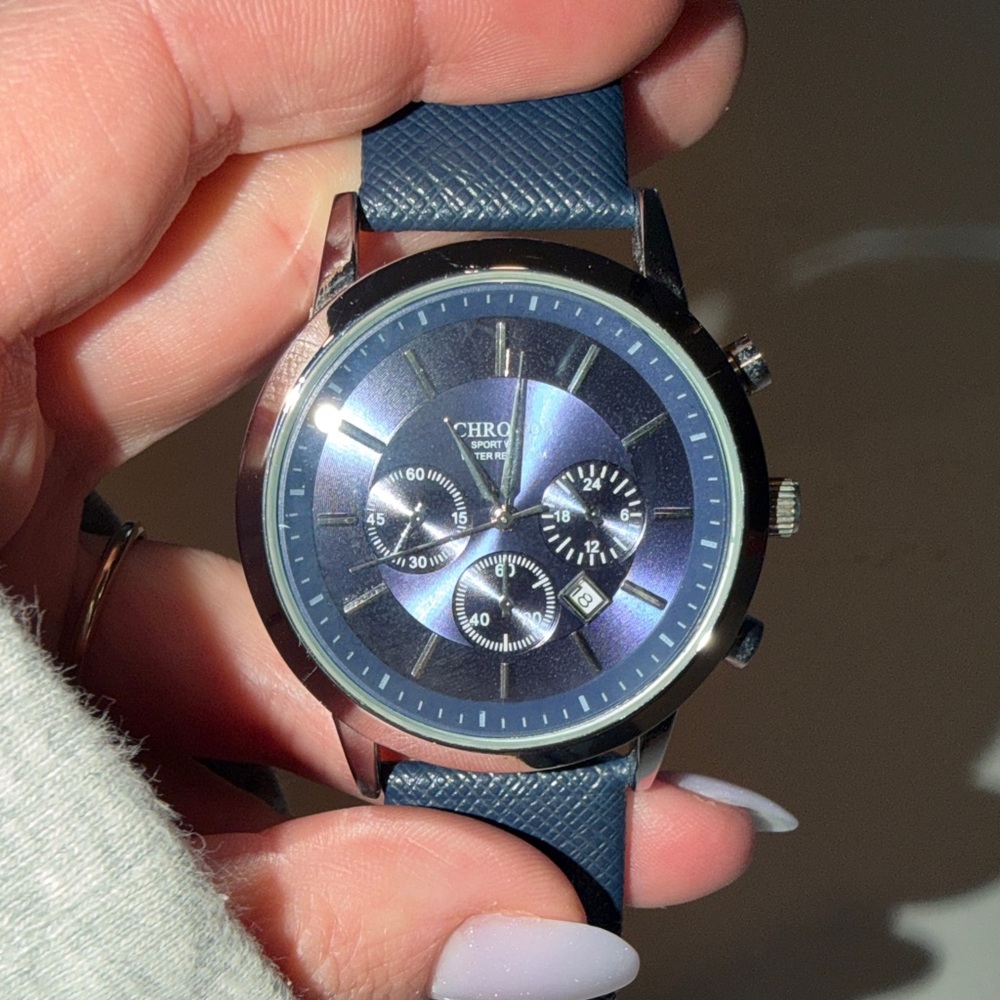 Men's Blue Leather Strap Chronograph Watch